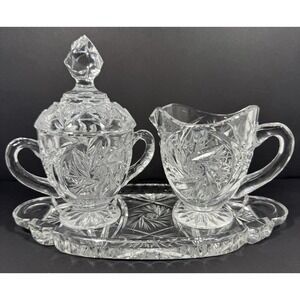 Ofnah Poland 24%‎ Lead Crystal Creamer Sugar Bowl w/ Lid & Tray Pinwheel Star Of
